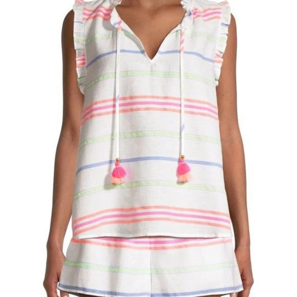 NWT Vineyard Vines Women’s Guava Multi-Stripe Ruffle Popover, Size Small - Picture 2 of 7